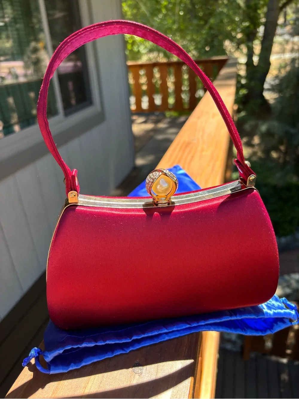 Verano Hill Red Satin Floral Top-Handle Evening Bag & Crossbody chain
